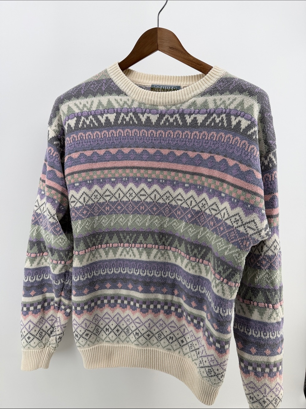 Denver Hayes Pastel Fair Isle Crewneck Sweater - Lavender, Pink & Cream